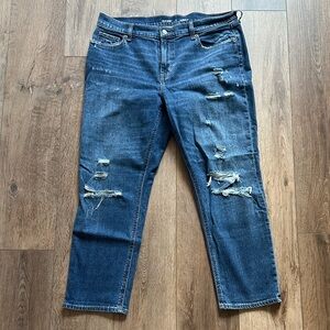 Women’s Old Navy Mid Rise Boyfriend Dark Blue Distressed Jeans in size 12